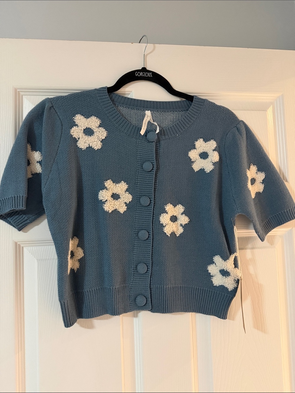 Dreamers Blue Short-Sleeve Cropped Cardigan with White Daisy Appliqués